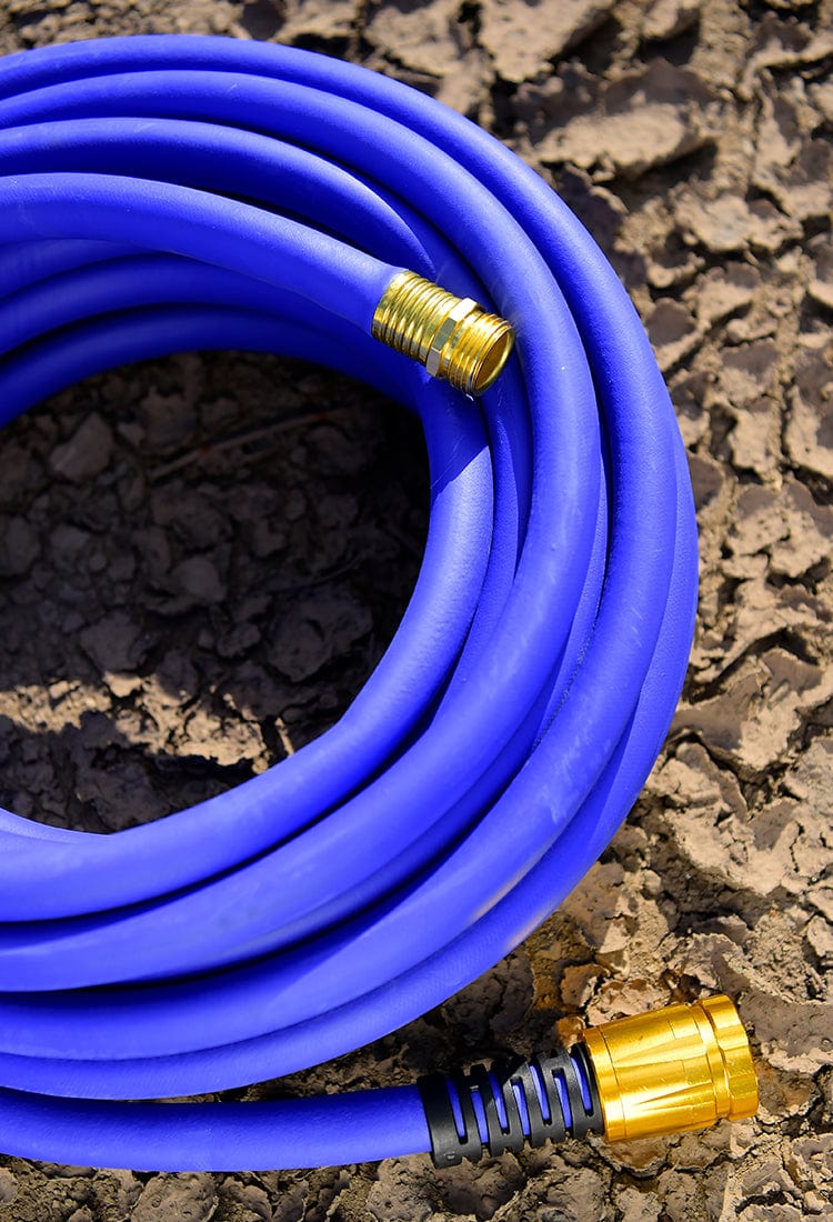 Blue hose wrapped up and sitting on the ground