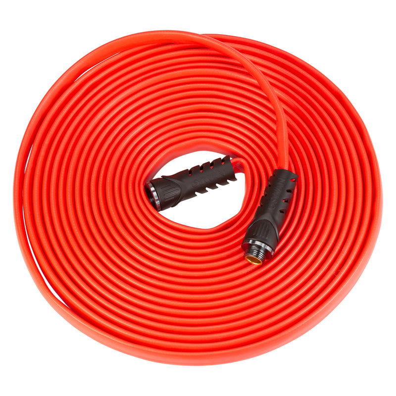 A coiled red hose with black couplings