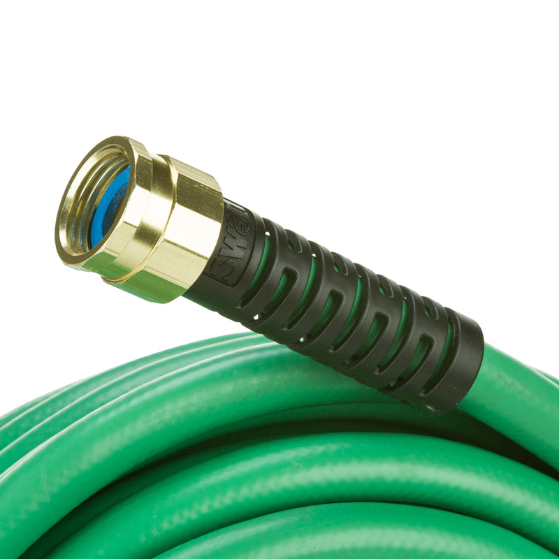 Coiled up green hose showing the female end